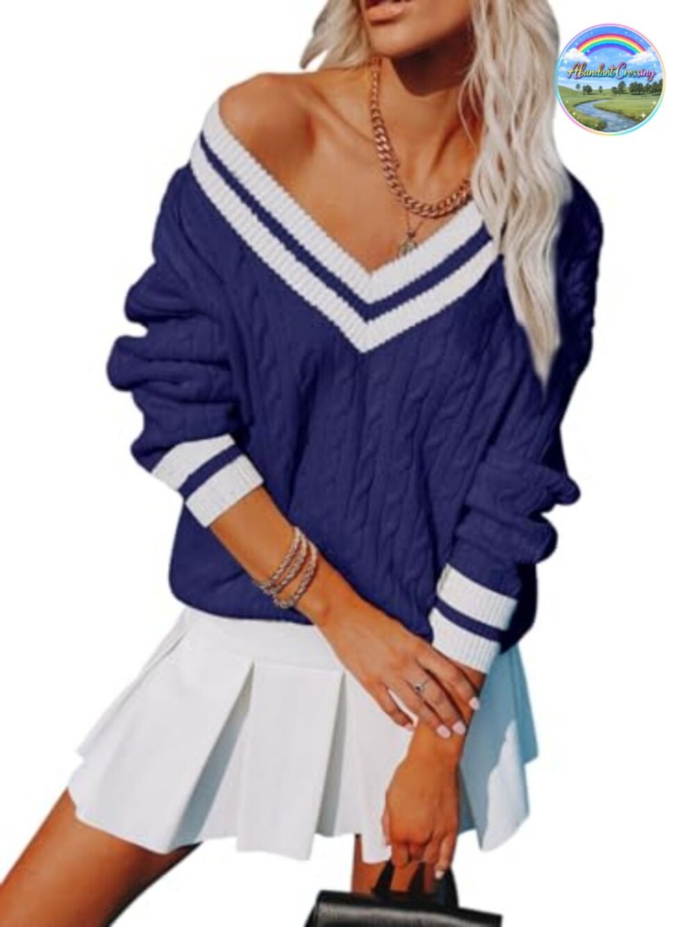 V Neck Oversized Cable Knit Pullover Sweater Long Sleeve Striped Tunic Top